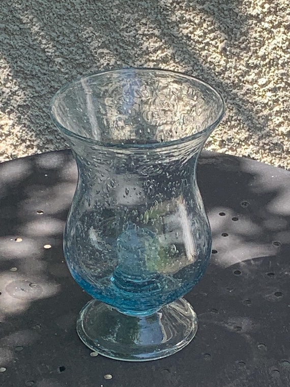 Candle holder, blown glass candlestick in azure blue color from BIOT glassware, made in france, vintage, sign, Grave biot under the base