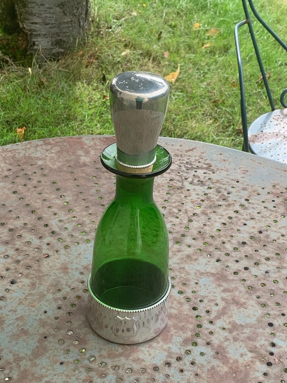 Green glass carafe, vintage pewter cap and base 1970
