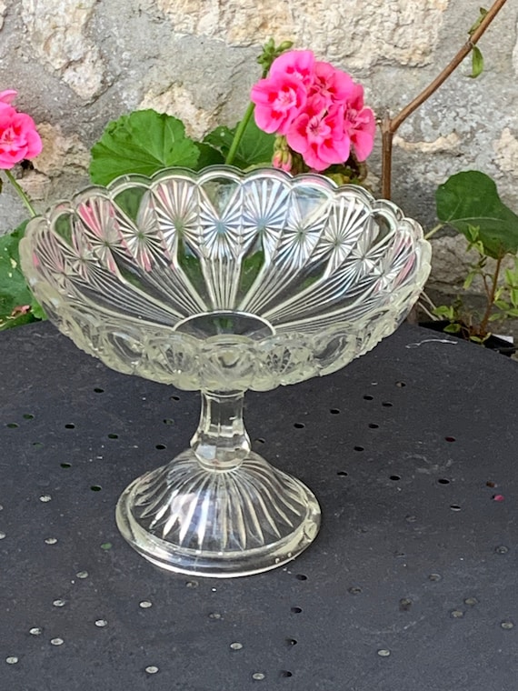 Transparent molded glass cup, old geometric embossed patterns