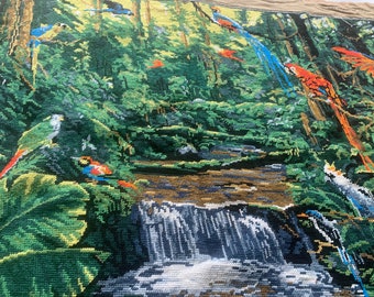 Large Canvas, the jungle and the parrots, tropical atmosphere after Laurent, Margot, made in France, trendy, vintage 1970, collector
