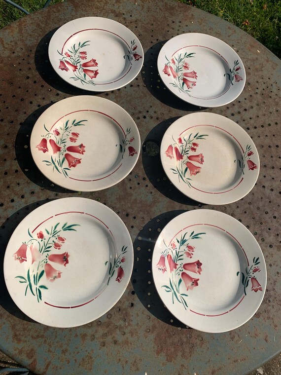 6 slightly hollow flat plates, Saint Amandinoise, St Amand France, peg, decorated with campanula bells, collector