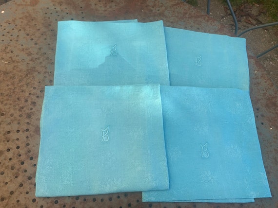 4 large damask cotton napkins monogrammed B, blue tint, art deco