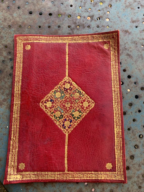 Mail holder, letter holder, red leather morocco with gold and green decoration, 4 vintage compartments