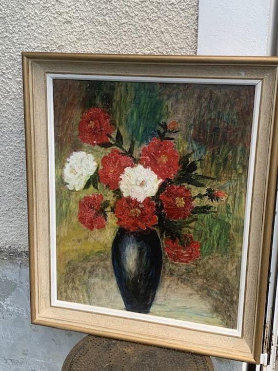 Charming painting, painting on canvas, still life, the bouquet of flowers painted on vintage canvas