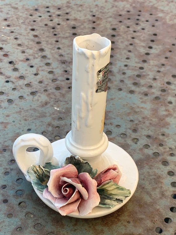 Ceramic candleholder with a pink rose and foliage in barbotine stamped: Art Venetian, Made in Italy