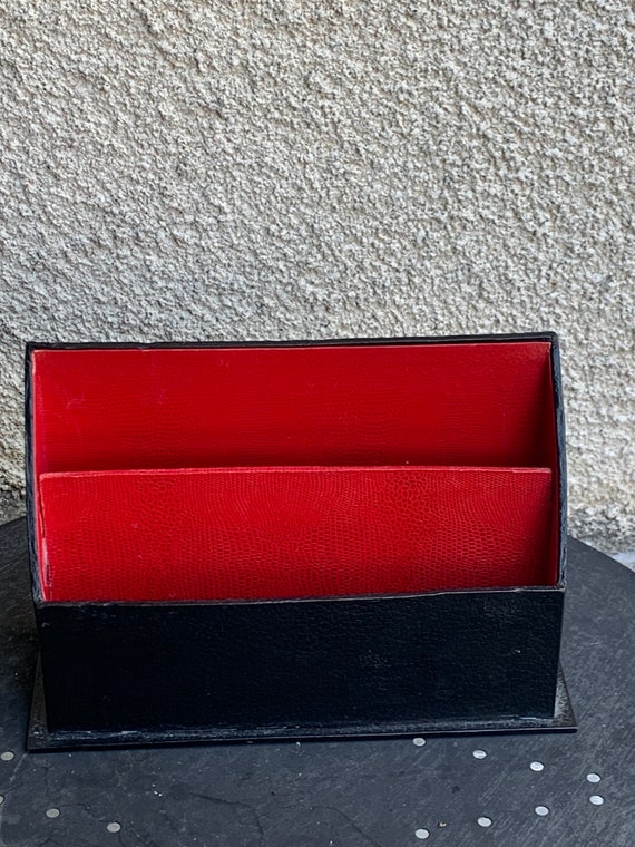 Mail holder, cardboard card holder, dressed in imitation leather, two compartments, red and black, vintage
