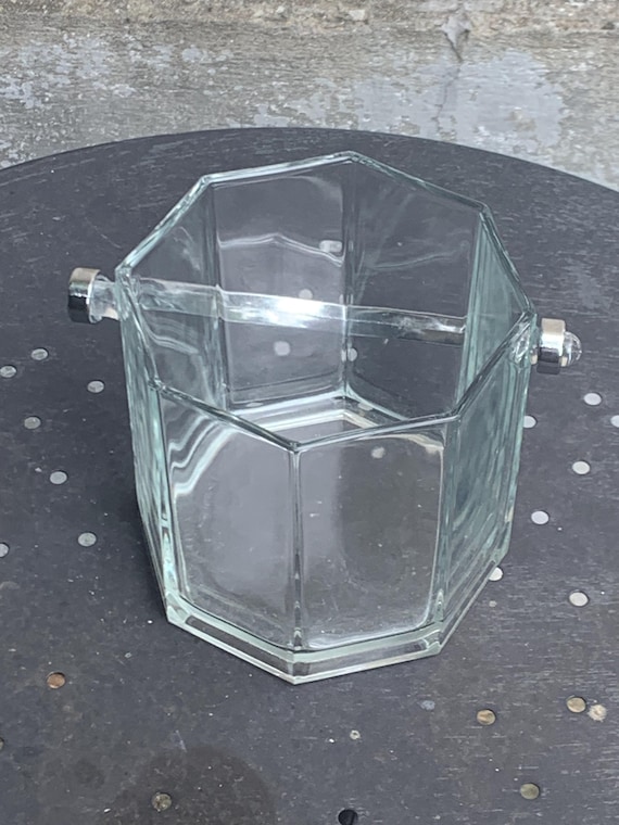 Made in France, faceted clear glass ice bucket with stainless steel handle, vintage