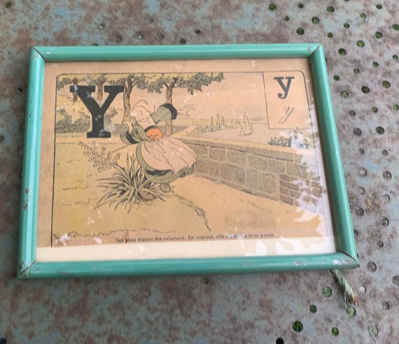 Old snipe engraving, the alphabet, the Y, and legend, framed
