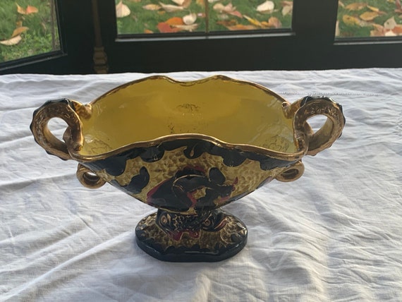 Jardiniere, centerpiece, VALLAURIS style cup in yellow enamelled ceramic, slip, decor of black and gold fish vintage 1950