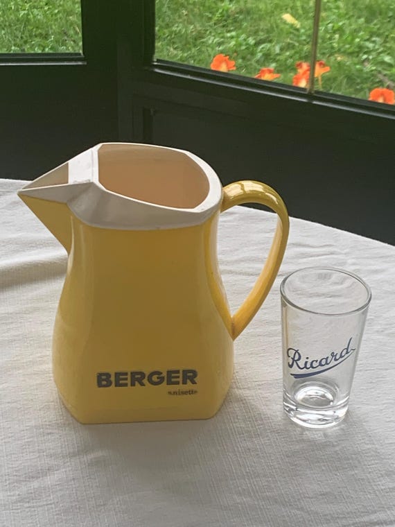 Berger anisette carafe in yellow plastic, and Ricard mummy glass, bistro collection, vintage, made in France, collector
