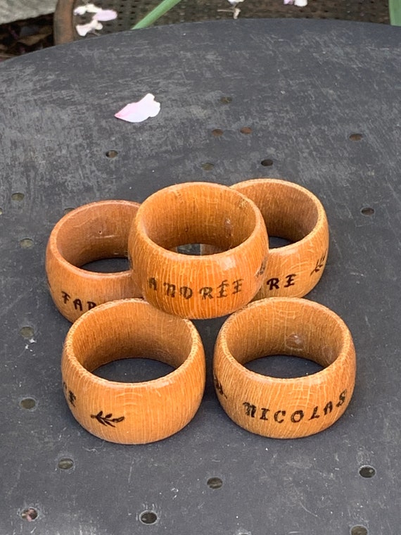 5 varnished wooden napkin rings with grave first name, vintage