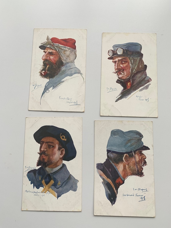 Lot of 4 old postcards, illustrations by Emile Dupuis dates from 1915, some written and not canceled, collector