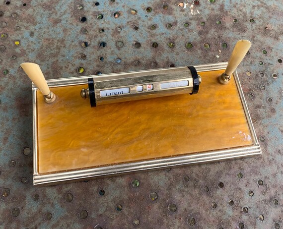 organizer, perpetuel calendar, door pens, marquetry wood, metal, pearl, VINTAGE 1950
