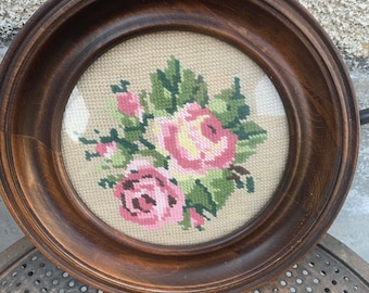 Canvas, hand embroidered, vintage tapestry, bouquet of roses framed in a wooden medallion frame