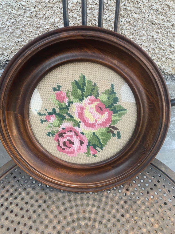 Canvas, hand embroidered, vintage tapestry, bouquet of roses framed in a wooden medallion frame