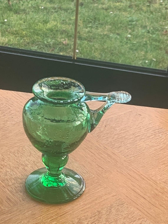 Candle holder, oil lamp, green blown glass, BIOT, glassware made in France, vintage 1970, stamped,