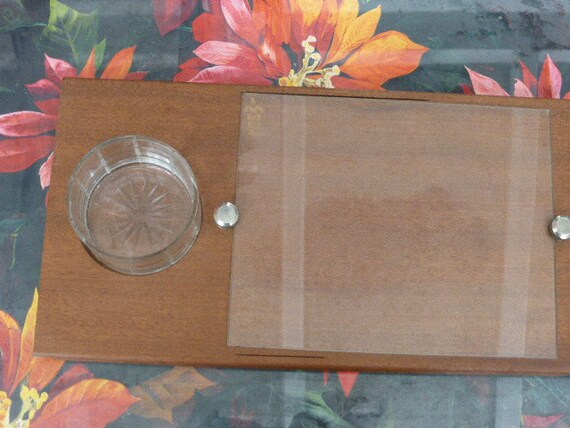 Cheese or charcuterie board, glass and wood tray with a cup, vintage chiseled glass sauce boat 1960/70