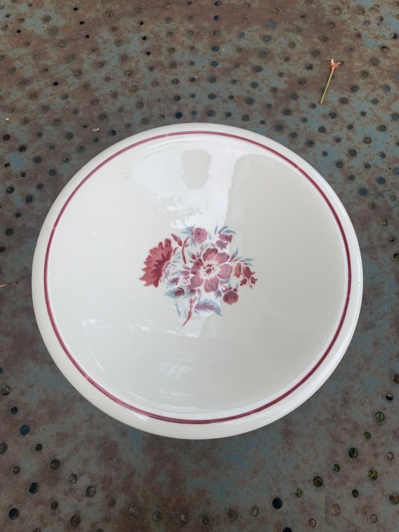 Fruit bowl, large soup plate, CHANTILLY model, badonviller, France, burgundy and bluish gray floral pattern, vintage