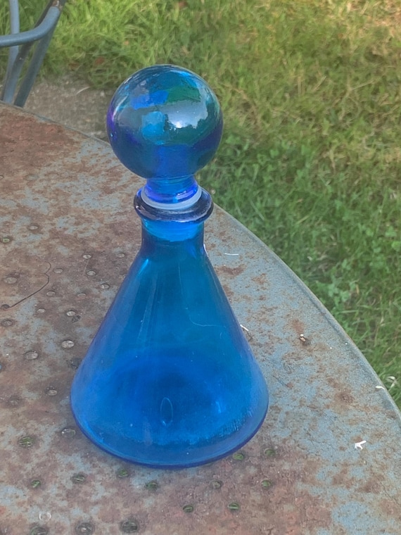 Carafe, Bottle, flask, in vintage blue glass