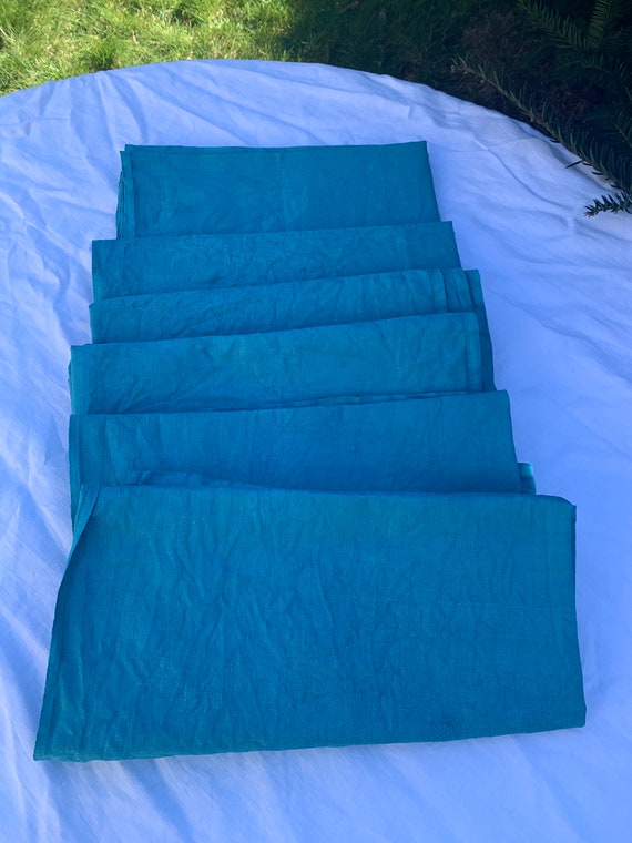 6 large emerald blue tinted damask cotton towels, flora and polka dot weaving pattern, old