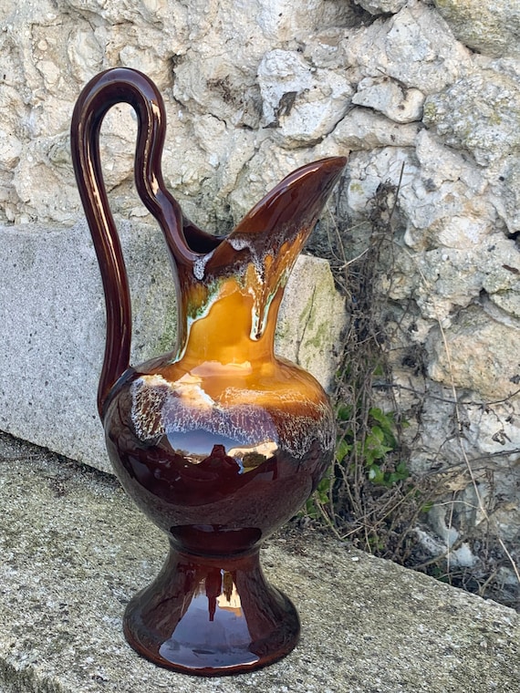 Carafe with handle, jug, vase in enamelled ceramic in vintage vallauris style