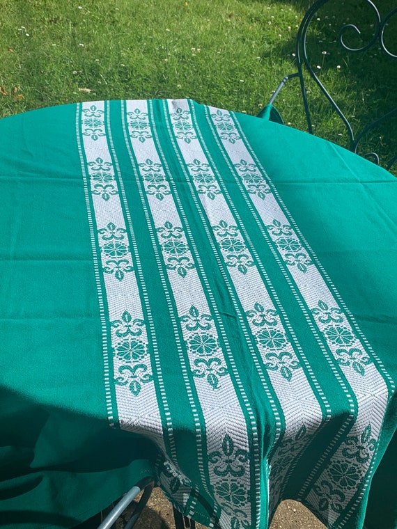 Helena Biarritz tablecloth, made in France, Basque linen, green with white embroidery, Vintage and collector's item of very good quality.