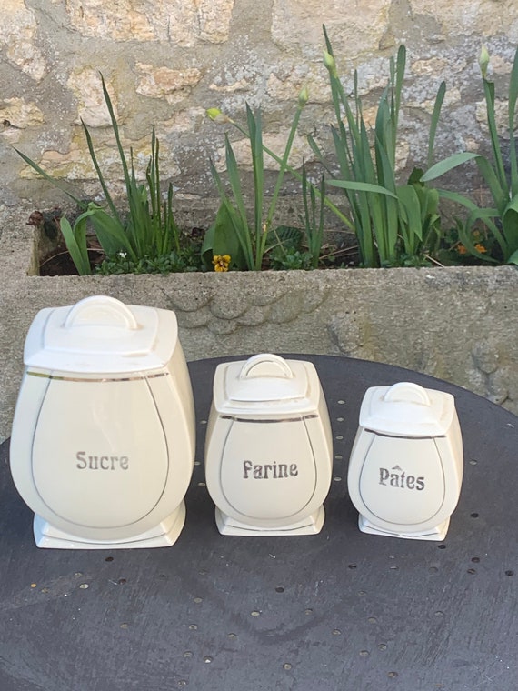 White porcelain spice jar, series of 3, Flour, sugar and Pasta, made in Czechoslovakia art deco Silver colored lettering