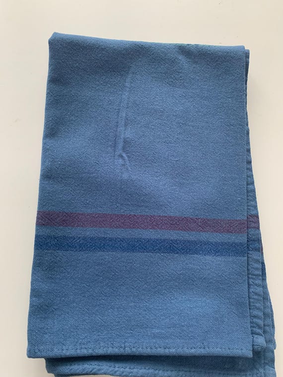Large old navy blue tea towel, red and blue stripes, interline, made in France, vintage