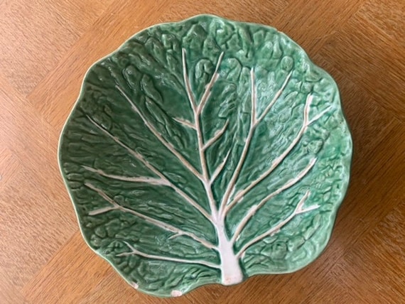Hollow dish salad bowl in vintage green cabbage barbotine, glazed ceramic