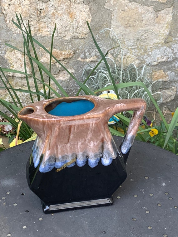 Carafe pitcher in blue enamelled ceramic, artisanal, original and vintage 1960