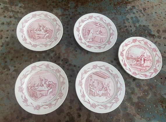 5 Small old plates on the theme of a country wedding, collector, earthenware, vintage