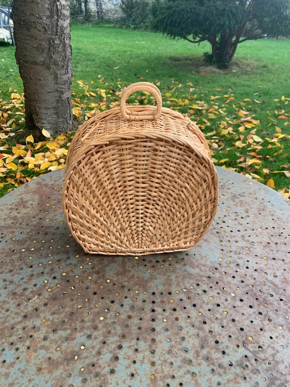 Rattan basket, braided wicker, with two handles, shell-shaped, vintage shell