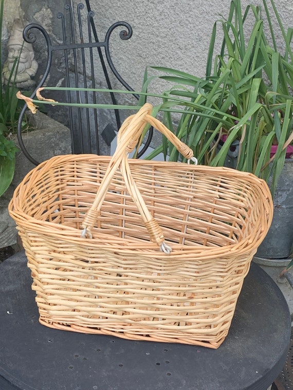 Rattan basket, woven wicker, with two vintage handles