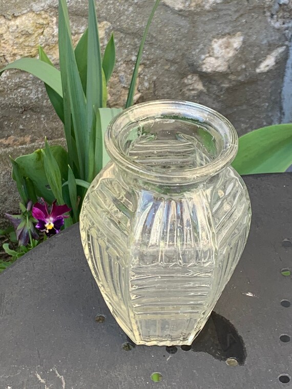 Hyacinth vase in transparent and molded glass, vintage embossed geometric patterns