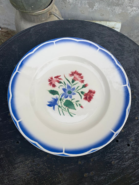 Cake dish, presentation plate, Elorn model, digoin and sarreguemines, France, patterns of red carnations and old blue columbines