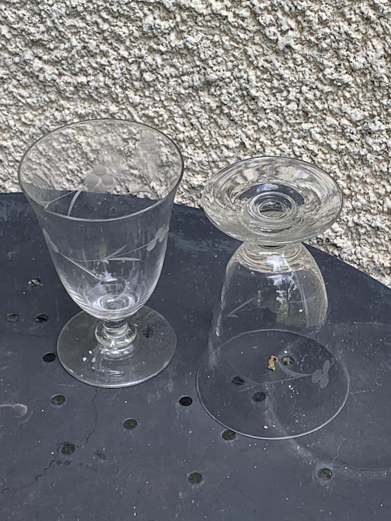 6 large antique wine glasses, chiseled floral motif, stemmed glasses