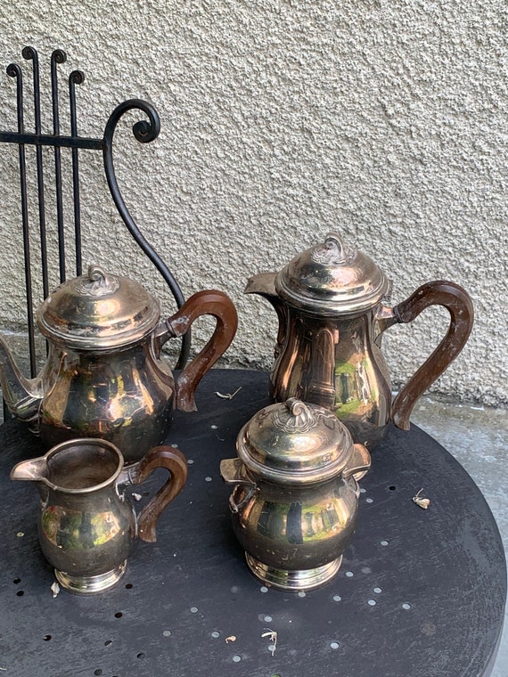 COFFEE SERVICE and the in metal silver ORBRILLE made in france, punched, vintage and collector Stains in wood.