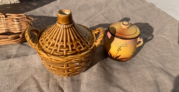 Liquor carafe, Dame Jeanne, carboy in vintage enameled ceramic barbotine, braiding pattern