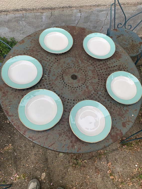 6 hollow plates model Chambord, semi porcelain, ceranord france, white and mint green, smeared gold, vintage is collector