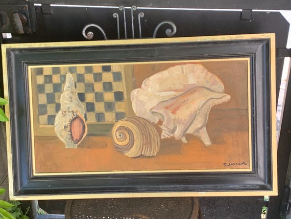 Large painting framed with shells, cabinet of curiosities, signed G. Sarrade, vintage and collector's item