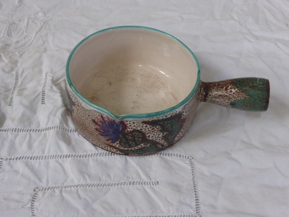 Saucepan, vintage enameled ceramic fondue pot, thistle motif, Vallauris style, hand decor