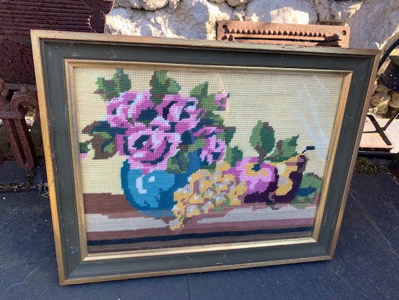 Canvas, hand embroidered, vintage tapestry, bouquet of flowers, still life framed under glass, vintage wooden frame