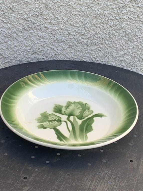 Old hollow dish, Longwy France, model with tulips, green tulips on vintage and collector's white earthenware