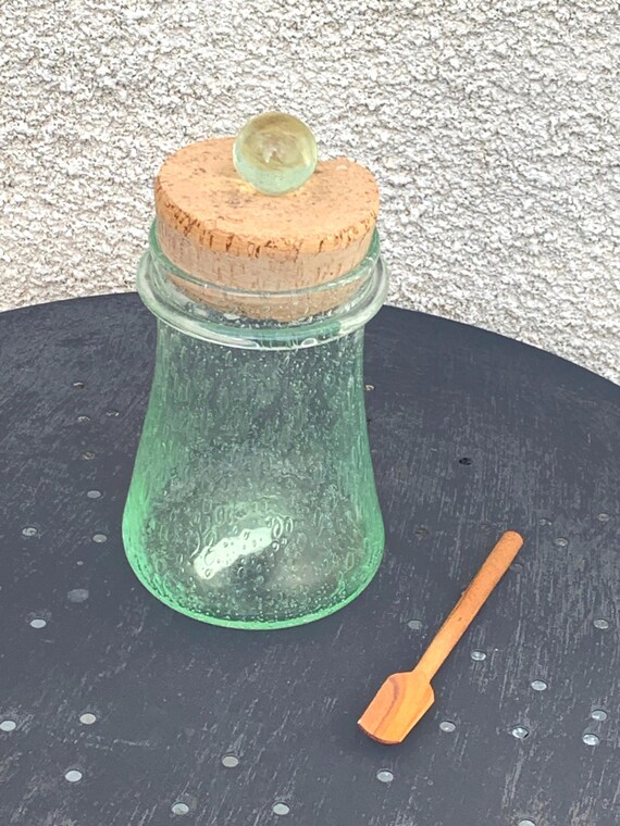 Jar for olives or gherkins in bubbled glass from Biot, hand-blown, signed VERRERIE de BIOT, wooden spatula and cork and glass stopper.