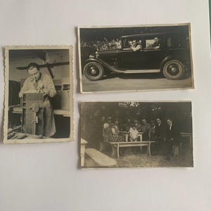 Lotto di 3 vecchie fotografie in bianco e nero, trazione, vecchia auto e picnic e artigiano, Belle Epoque, rare