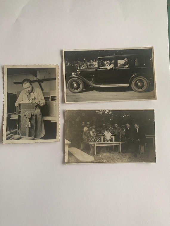 Lot of 3 old photographs, black and white, traction, old automobile and the picnic and the craftsman, belle epoque, rare