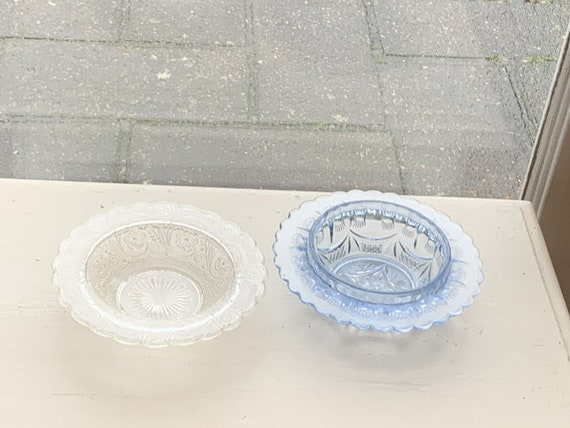 Two cups, base of candy boxes without lids in transparent glass, vintage white and blue