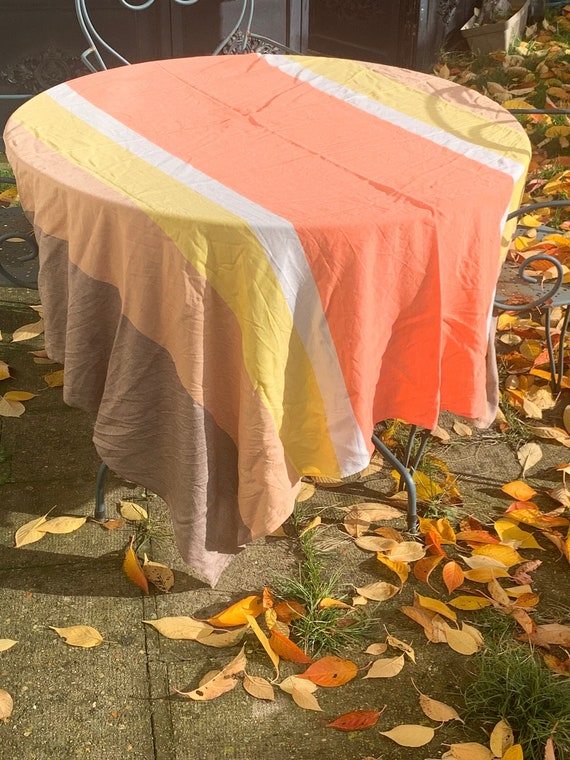 Large rectangular tablecloth, with brown, beige, orange, white and yellow stripes, vintage 1970