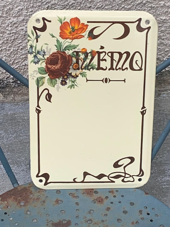 Enameled plaque, enameled metal, Memo with flowers on a beige background, decorative object,