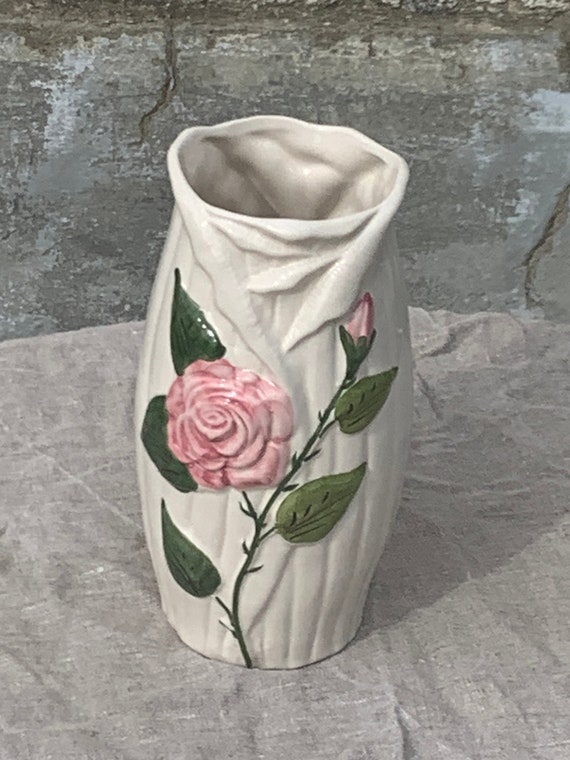 Glazed ceramic vase, barbotine rose pattern, vintage